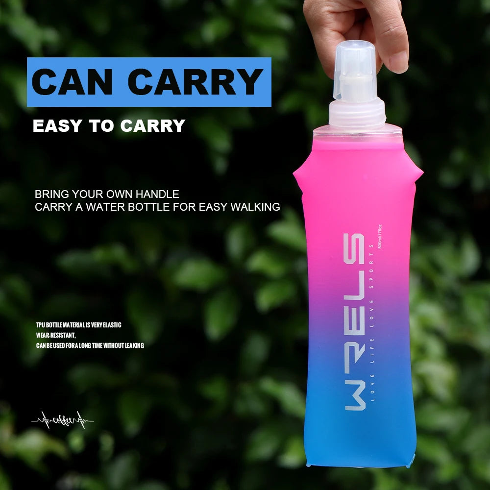 Botella de agua deportiva de TPU, matraz blando plegable, botella de agua portátil de alto flujo para correr, senderismo, bicicleta, bolsa de agua para Fitness