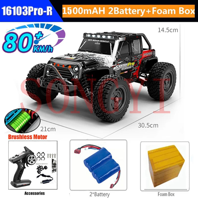 Coches RC de 50 u 80 km/h, escala 1/16, todoterreno, derrape, 4WD con LED, control remoto 2.4G, camión monstruo impermeable, regalo de juguete para adultos y niños