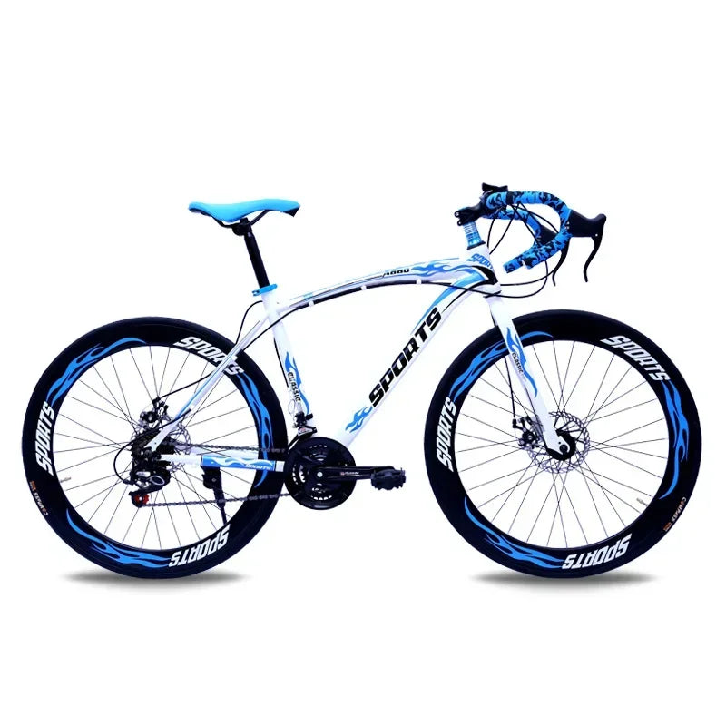 Bicicleta de carreras de 26 pulgadas con cuadro de acero al carbono, 21 velocidades, manubrio curvo, doble freno de disco y rines de 60 mm para adultos