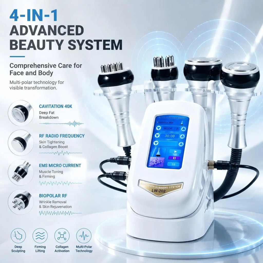 Máquina de cavitación ultrasónica 4 en 1, 40K, con radiofrecuencia multipolar, dispositivo portátil para modelar el cuerpo, interfaz en 9 idiomas, instrumento de belleza para uso doméstico y en salones de belleza, para e