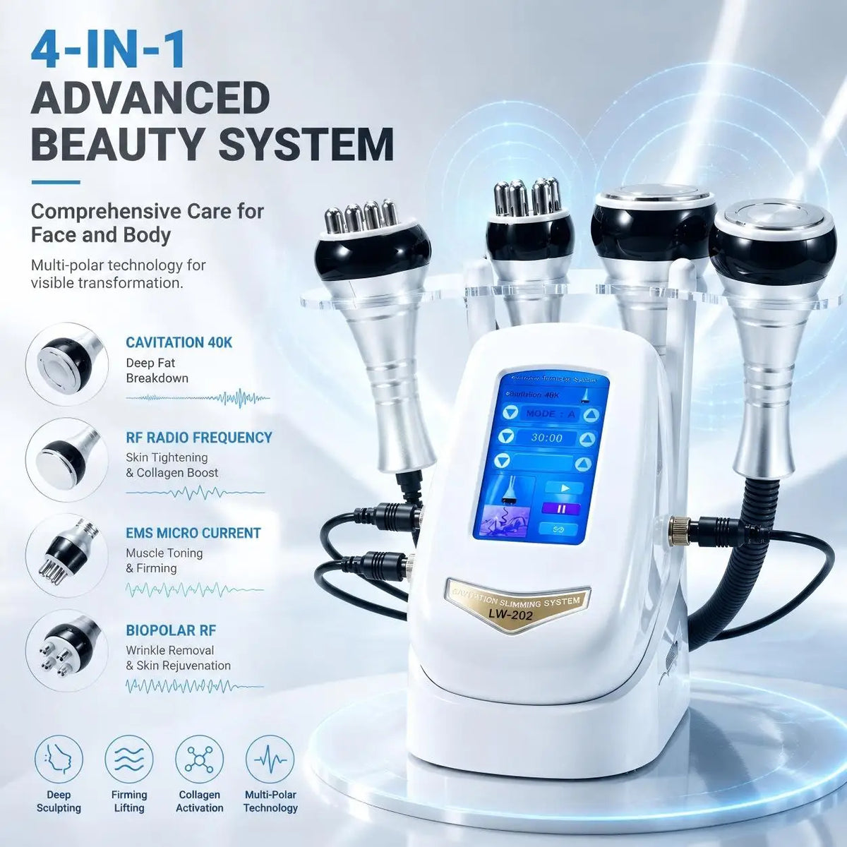 Máquina de cavitación ultrasónica 4 en 1, 40K, con radiofrecuencia multipolar, dispositivo portátil para modelar el cuerpo, interfaz en 9 idiomas, instrumento de belleza para uso doméstico y en salones de belleza, para e