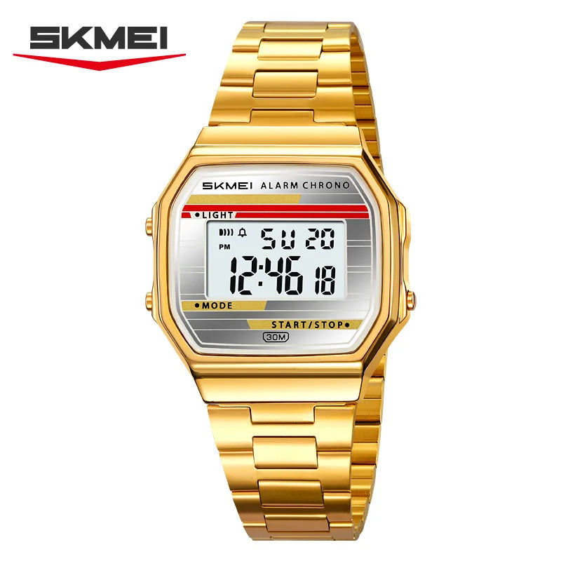 SKMEI Stainless Steel Watch for Men LED Men's Digital Wristwatches Light Retro Square Gold Case Stopwatch Alarm Classic Reloj