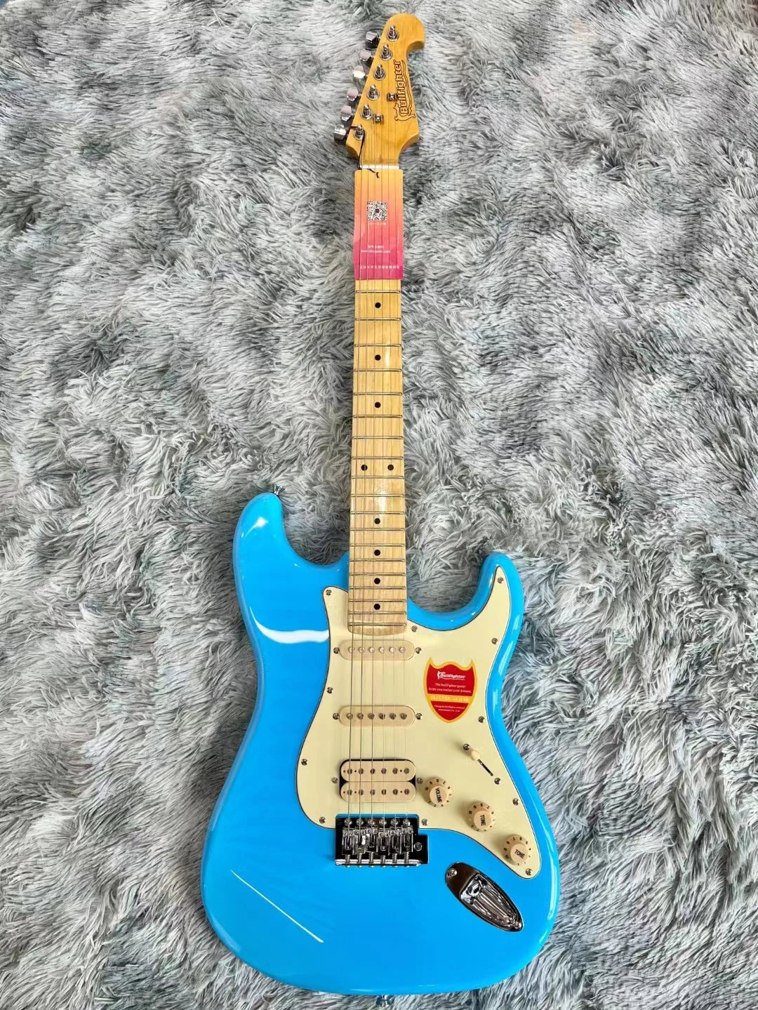 Guitarra Eléctrica Bullfighter Factory Azul Rosa Roja de 22 Trastes con Cuerpo de Álamo Sólido, Mástil de Arce, Cuerdas y Puente Cromado Vintage