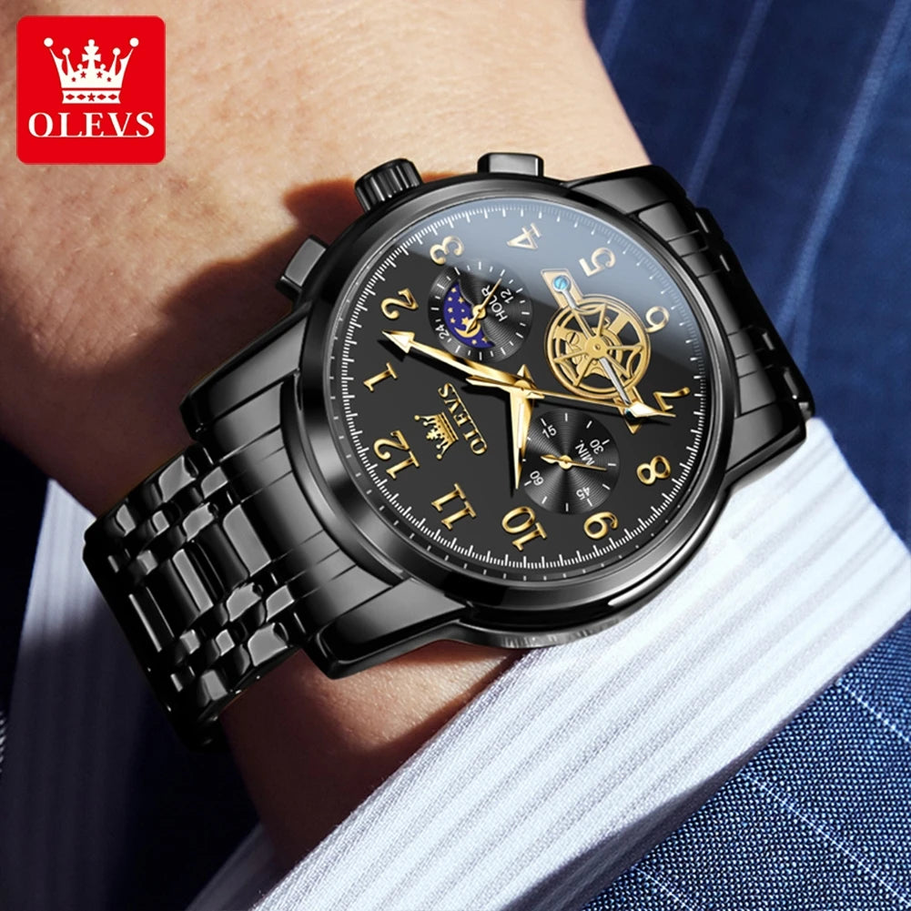 Reloj OLEVS 2900 de fase lunar para hombre, de acero inoxidable, resistente al agua, luminoso, a la moda, esqueleto, cronógrafo, reloj de cuarzo para hombre, NUEVO