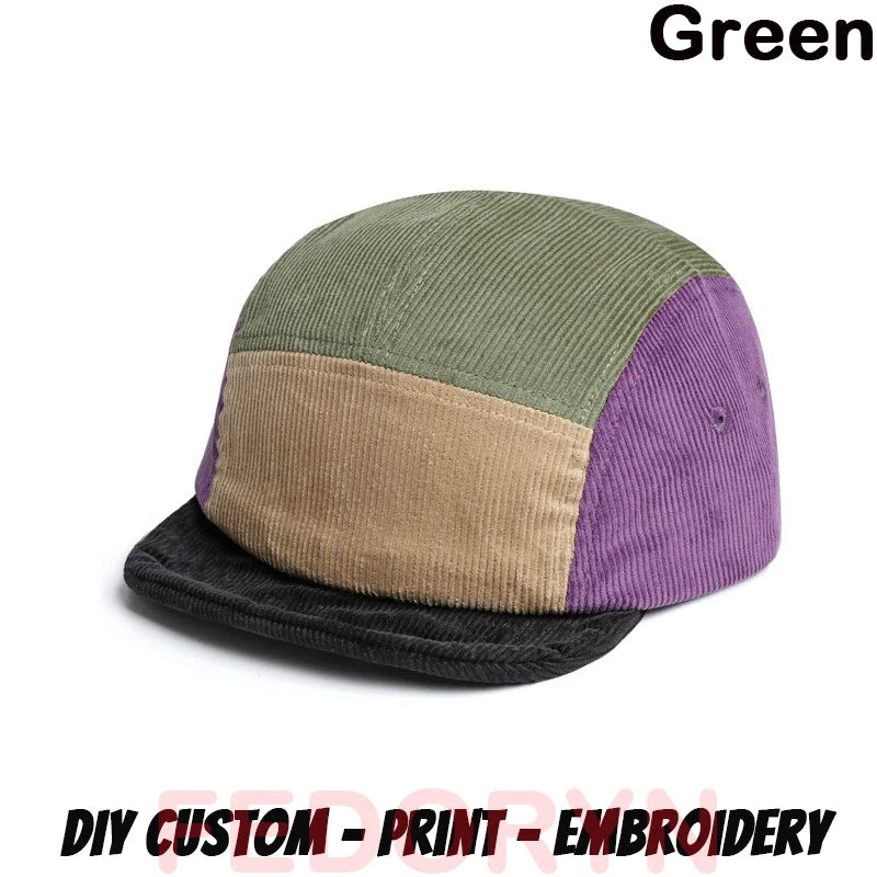 Gorra de béisbol Fedoryn de pana retro con ala corta, bordado personalizado, parche multicolor, 5 paneles, para hombres y mujeres, gorra con logotipo personalizable
