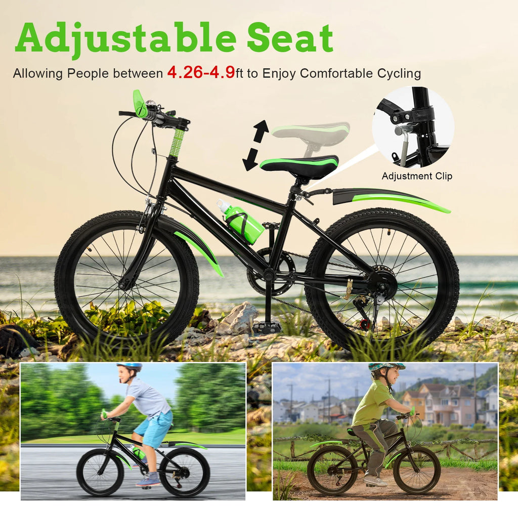Bicicleta de montaña de 20 pulgadas, 7 velocidades, bicicleta infantil con sillín ajustable, guardabarros, portabidón y bidón para niños y niñas de 8 a 13 años