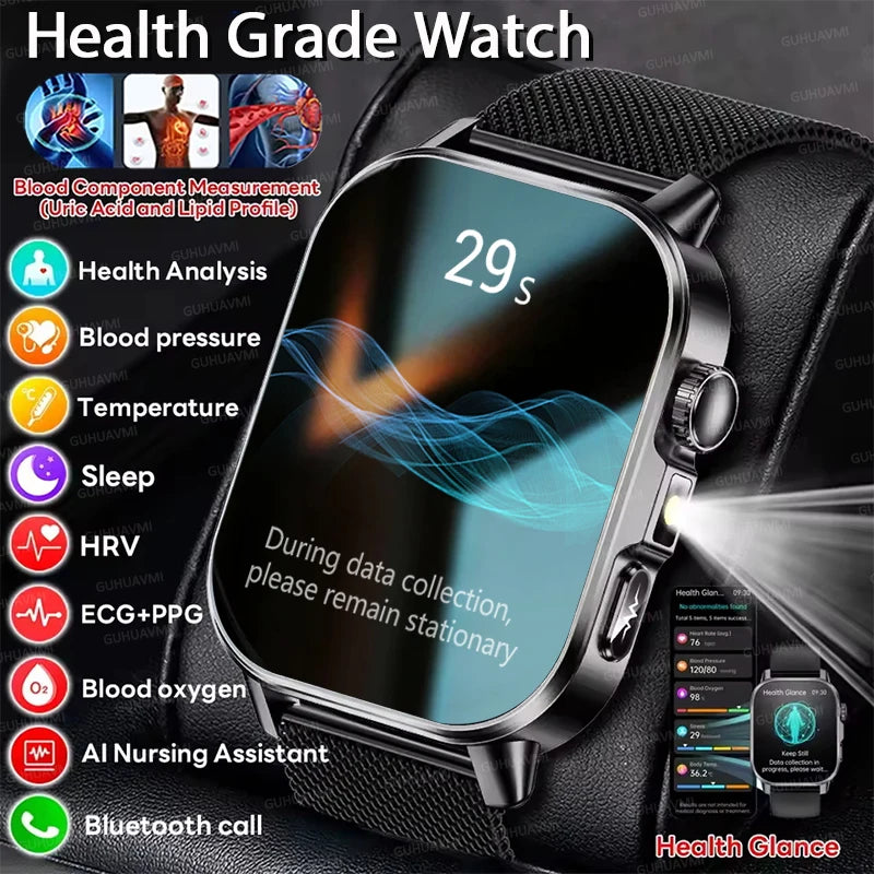 Reloj inteligente de enfermería de alta gama 2026 para hombre, ECG+PPG, presión arterial precisa, lípidos, ácido úrico, pantalla AMOLED de 2.0 pulgadas, reloj de llamadas HD para hombre