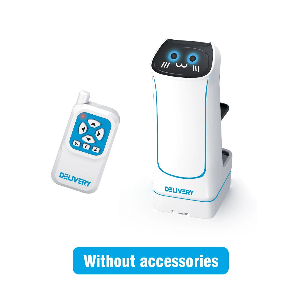 Robot teledirigido blanco tipo base con pantalla azul y control remoto de mano