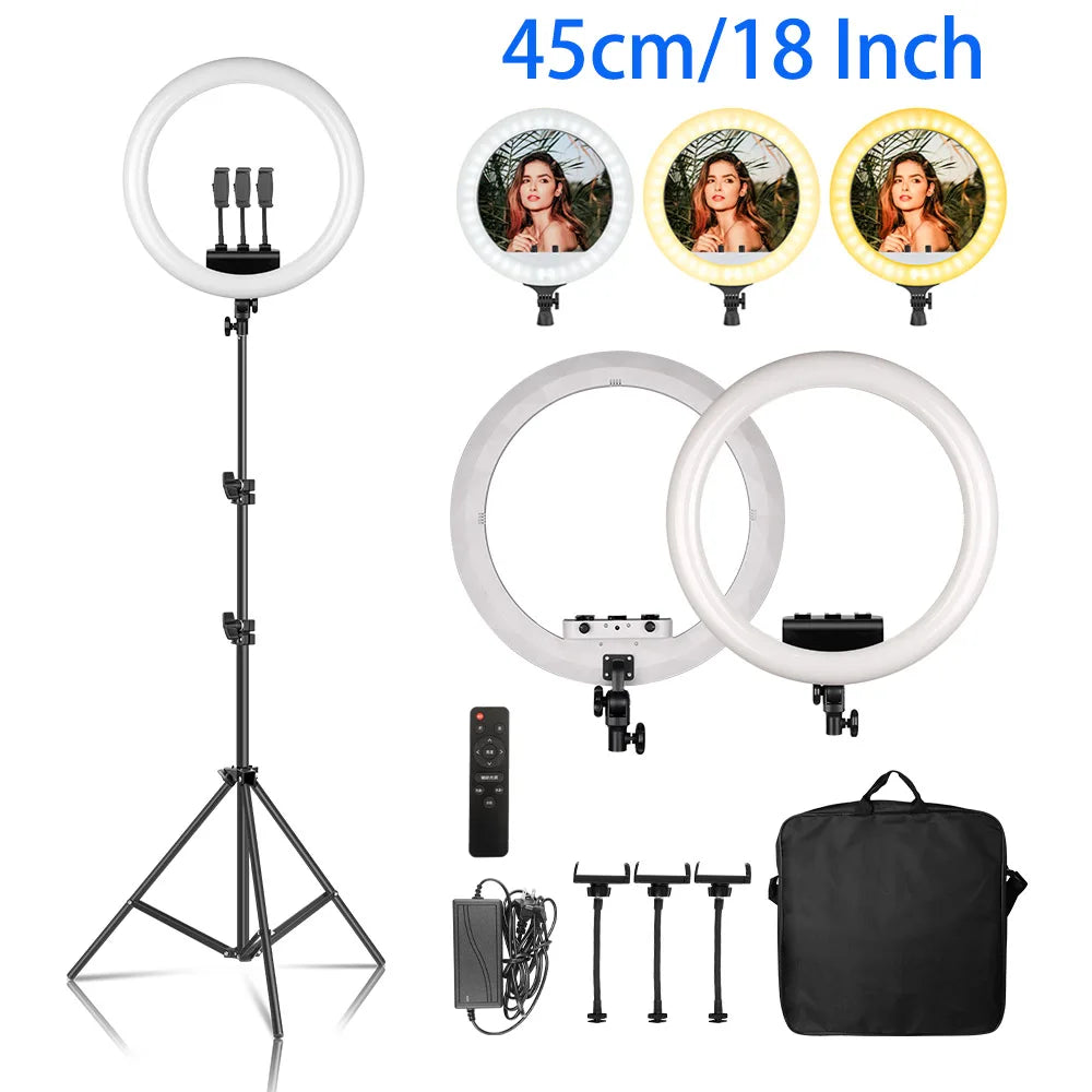 Aro de Luz LED de 45CM / 18 Pulgadas con Diferentes Estilos de Trípode o Soporte o Sin Soporte, Aro de Luz LED Grande de 18 Pulgadas con Control Remoto, Trípode, Soporte para Teléfono, Iluminación para Transmisiones en Vi
