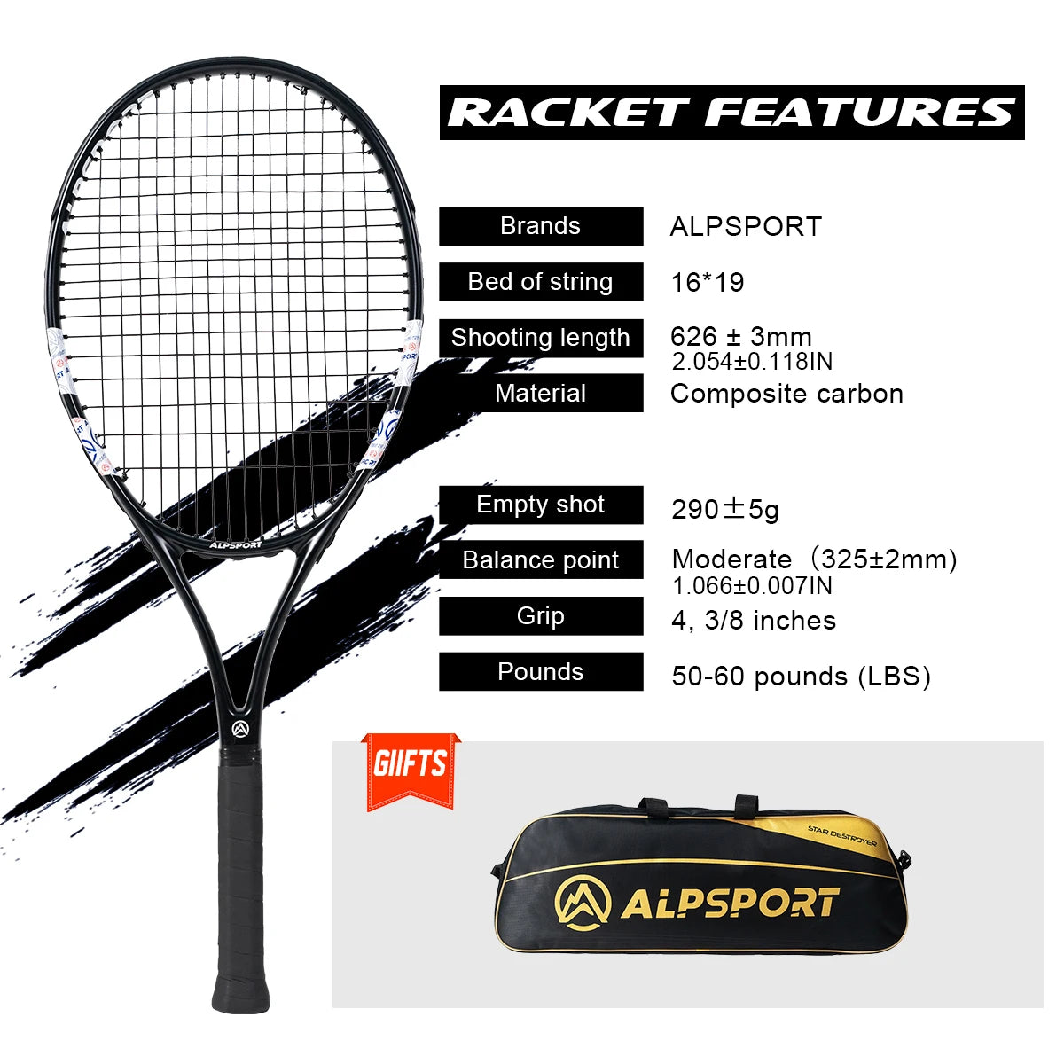 ALPSPORT T800 18K Raqueta de Tenis Profesional de Fibra de Carbono – Ligera (280g) con Bolsa y Correa Antideslizante, Envío Rápido para Entrenamiento
