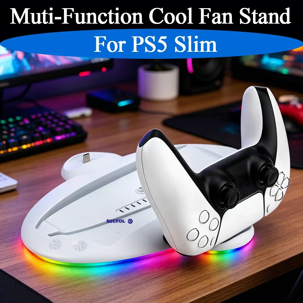 Base de carga vertical RGB con ventilador de refrigeración multifunción para consola PS5 Slim, soporte con luz LED para accesorios de PS5 Slim