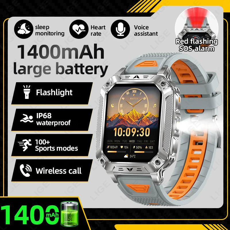 LIGE Built-in 1400mAh Super Large Battery Men Smart Watch Outdoor Flashlight IP68 Waterproof BT Call 2.01" New Smartwatch 2026
