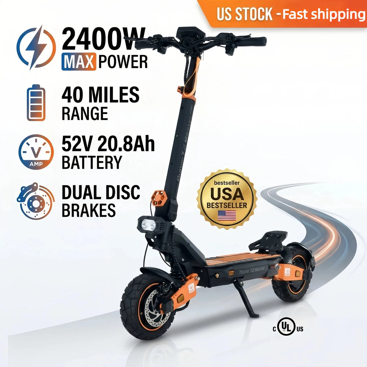 Patinete eléctrico negro y naranja con ruedas todoterreno y freno de disco doble