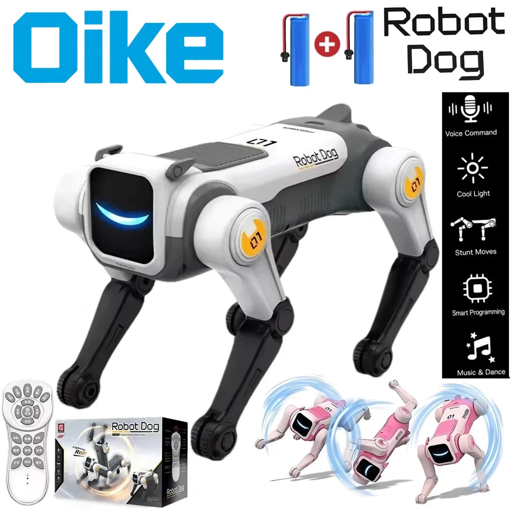 Perro robot RC blanco con luces LED azules y control por voz, patas articuladas.
