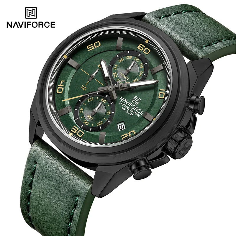 Reloj cronógrafo deportivo de lujo NAVIFORCE para hombre, resistente al agua 3ATM, militar, con manecillas luminosas, indicador de fecha y correa de cuero
