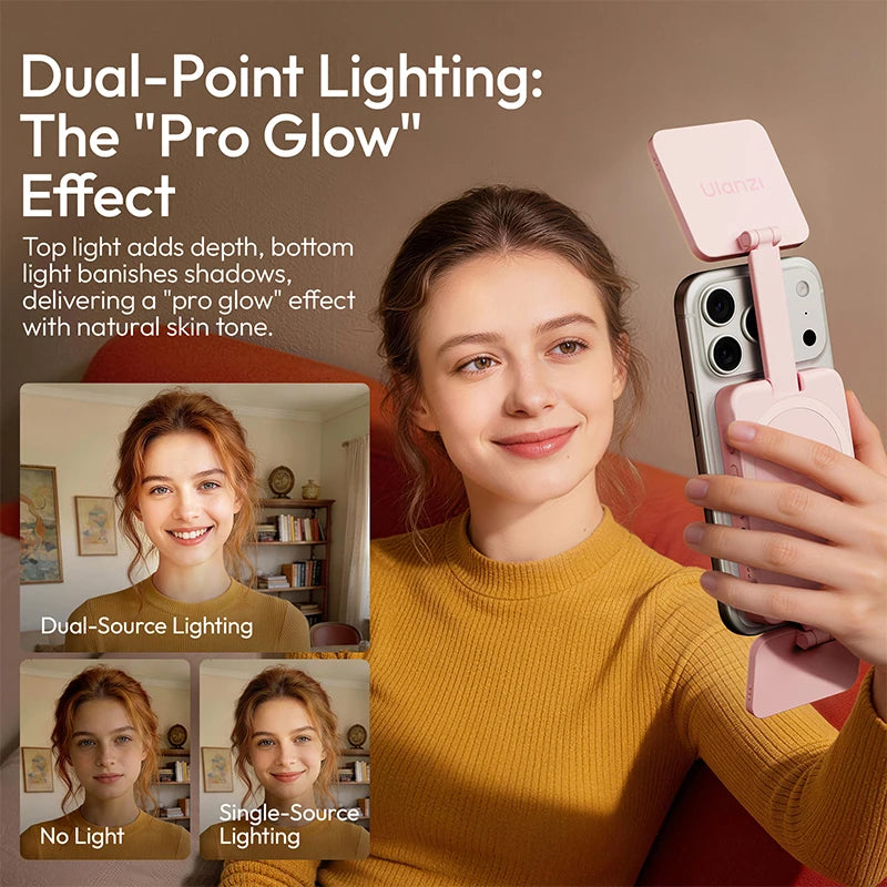 Ulanzi GL01 Luz de Relleno Magnética Ajustable de Doble Cara para iPhone 17 y Android, Luz de Selfie con Atenuación 2700-6500K para Vlog en Vivo