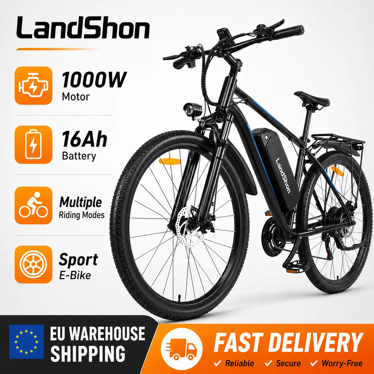 Bicicleta eléctrica LandShon de 29 pulgadas con motor de 1000 W, batería extraíble de 16 Ah, cambios de 21 velocidades, pantalla LCD, e-bike para adultos para viajes urbanos/conducción en ciudad/todo terreno