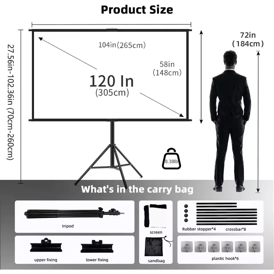 Pantalla de proyector con medidas 120" y trípode, incluye funda