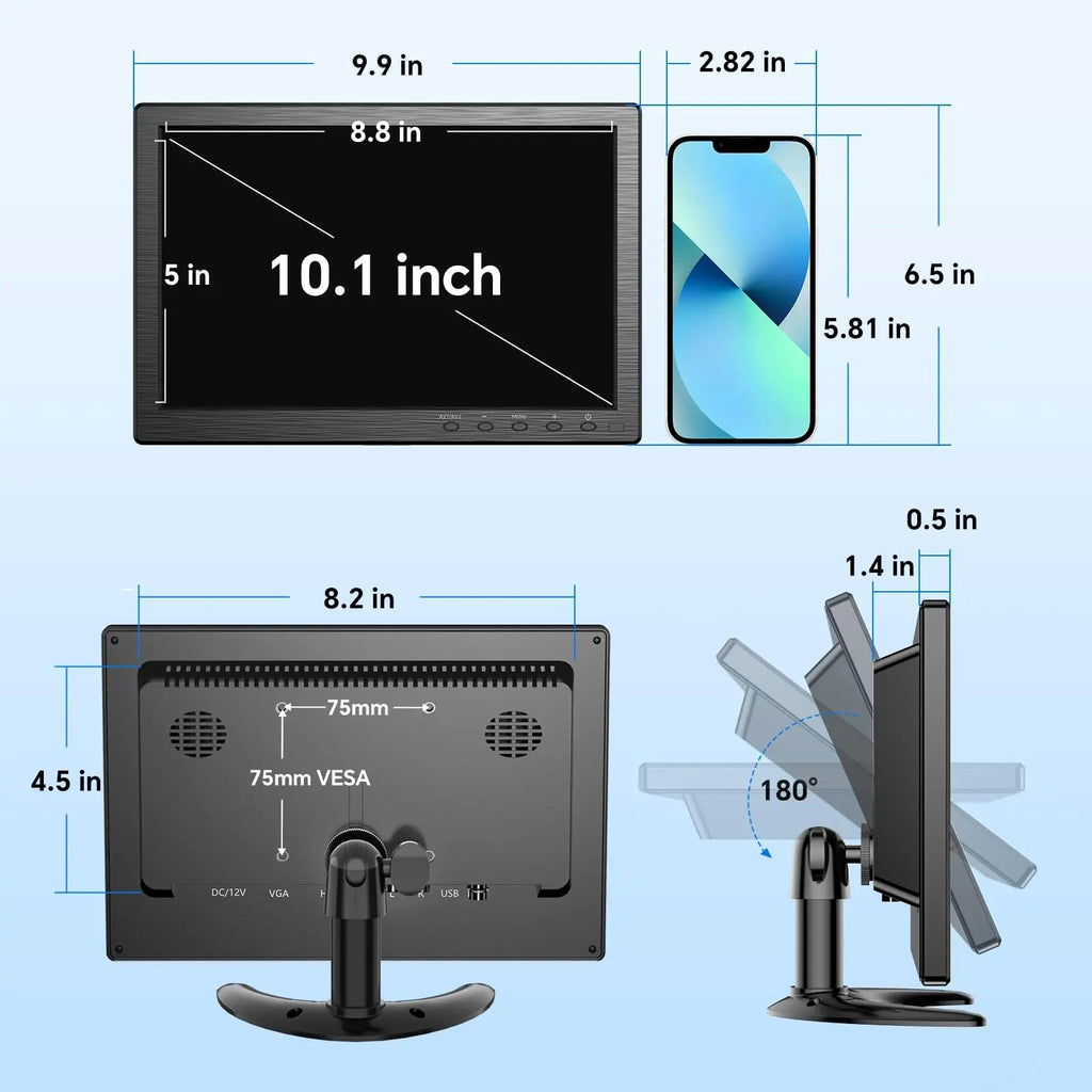 Monitor de seguridad Eyoyo de 10 pulgadas con pantalla LCD de resolución HD 1366 x 768; compatible con montaje en pared; entradas HDMI, VGA, AV, BNC y USB; altavoces integrados; para ordenador, PC, cámara y NVR