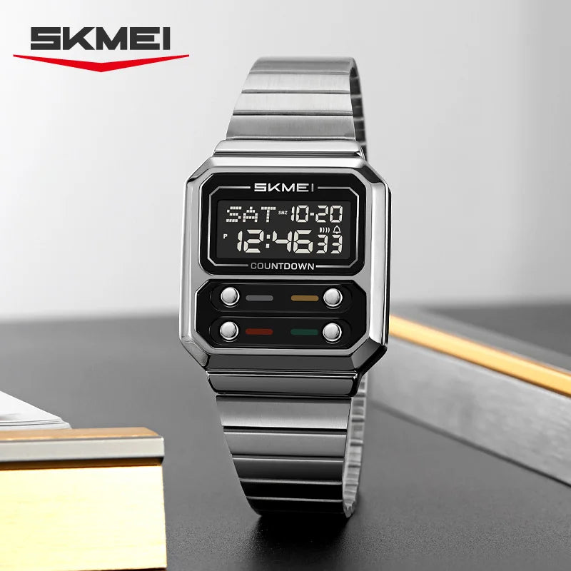 Reloj de pulsera digital para hombre SKMEI, resistente al agua, con cuenta regresiva, a prueba de golpes, de acero inoxidable y estilo lujoso