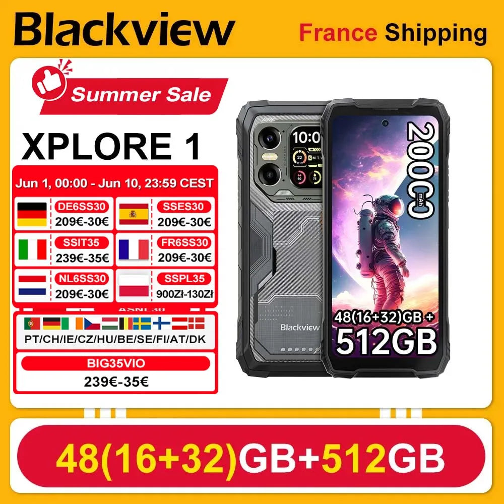 Smartphone rugerizado Blackview XPLORE 1 [Sin cargador UE] 5G 20000mAh 45W 48(16+32)GB + 512GB 6,78'' 2,4K Android 15