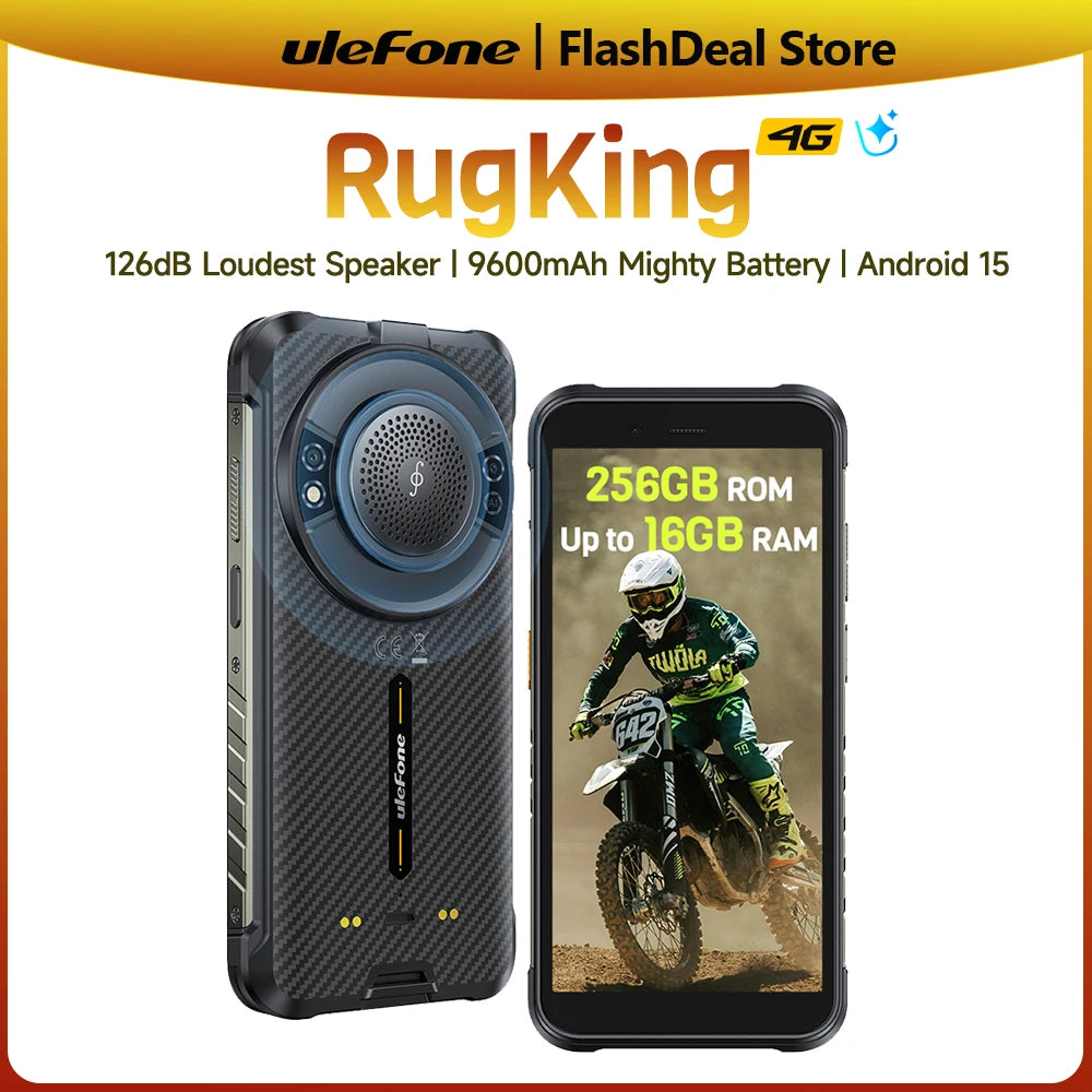 Smartphone ultrarresistente Ulefone RugKing 4G, Android 15, hasta 16GB RAM+256GB ROM, 9600mAh, NFC, pantalla de 5.99", altavoz potente, teléfono resistente al agua