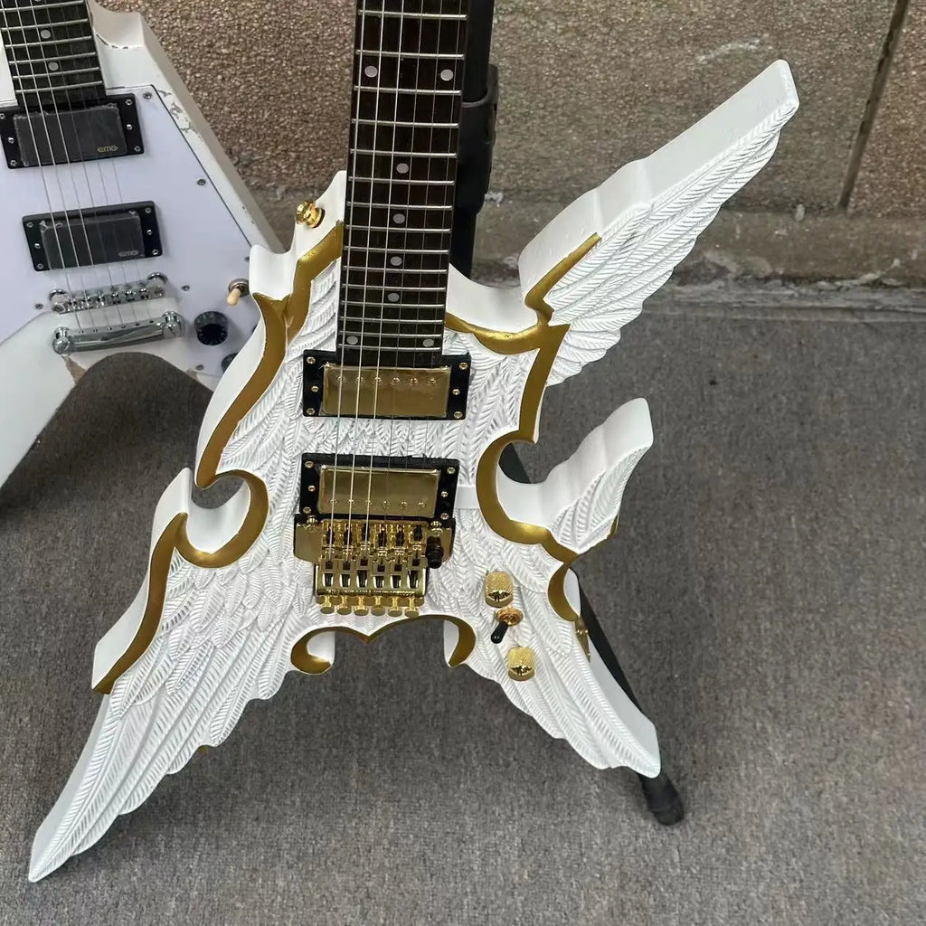 Guitarra eléctrica con alas de Ángel grabadas 6-S, HH, cuerpo blanco con piezas doradas, envío rápido gratis