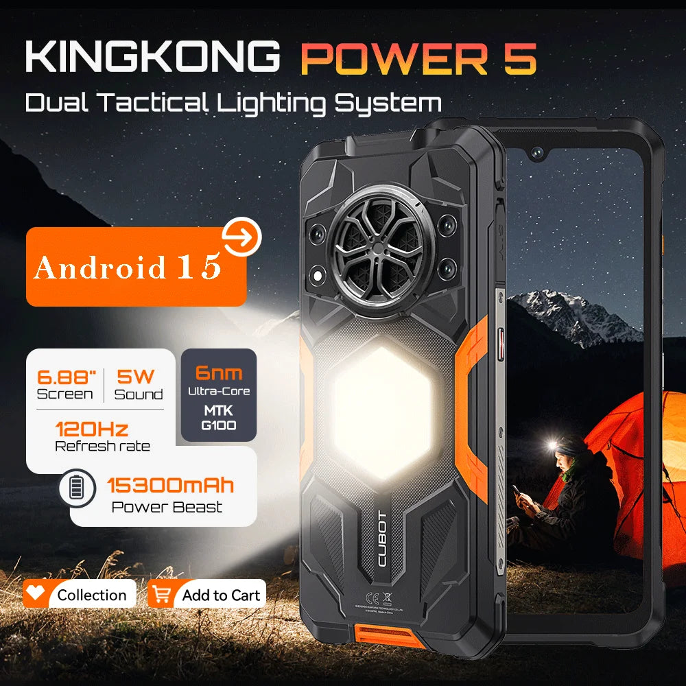 Cubot KingKong Power 5, Smartphone robusto Android 15, Batería de 15300mAh, Pantalla de 6.88" 120Hz, 16GB RAM (6+10), 128GB ROM, MTK G100