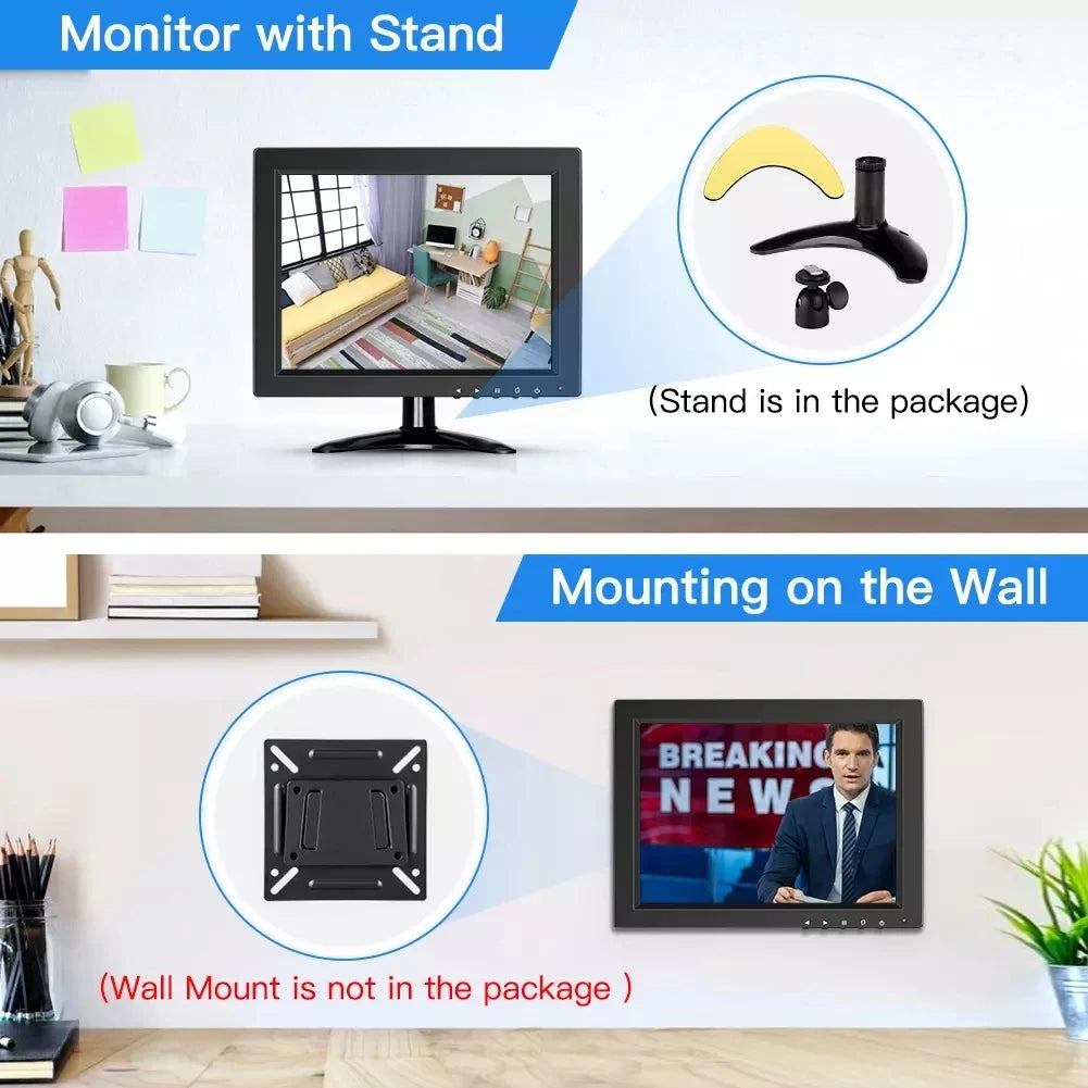 Monitor de escritorio pequeño Eyoyo de 10" HD 1024*768, monitor CCTV con pantalla LCD 4:3, puertos HDMI, VGA, BNC, AV, compatible con montaje en pared, altavoz integrado para videovigilancia.