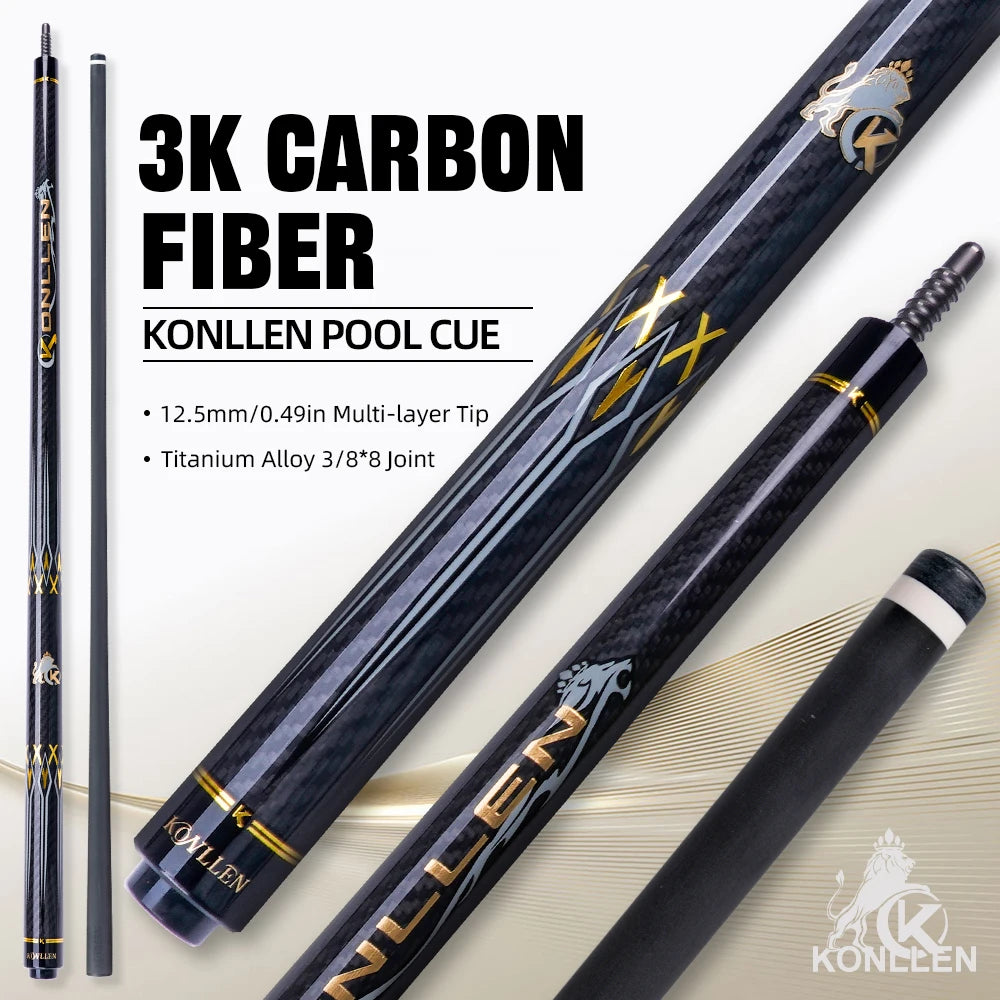 Taco de billar profesional KONLLEN de fibra de carbono, 58 pulgadas, con perfil profesional (Pro Taper), baja deflexión y suela de 12.5 mm