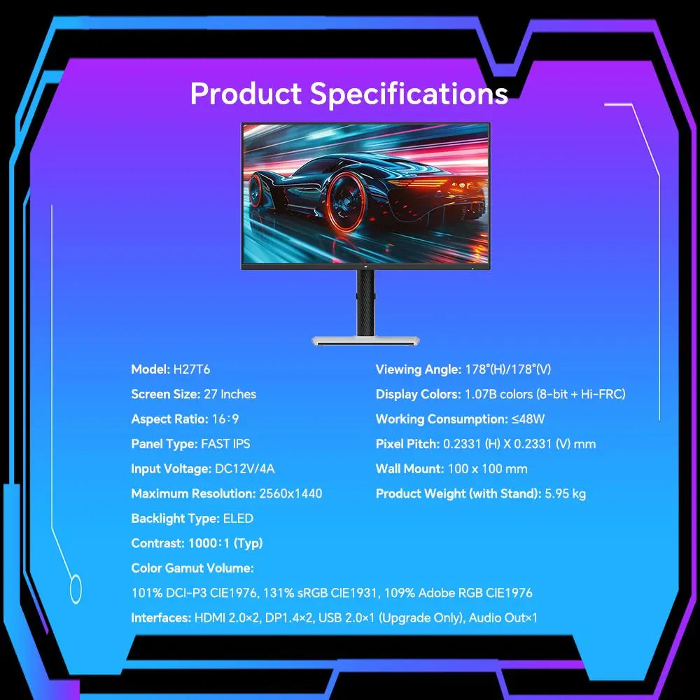 Monitor para Juegos KTC H27T6 de 27 Pulgadas, 2K QHD 2560x1440, 210Hz, IPS Rápido, HDR400, 1ms GTG, Compatible con FreeSync y G-Sync, Soporte Giratorio Ajustable en Altura, Cuidado Ocular con Luz Azul Baja
