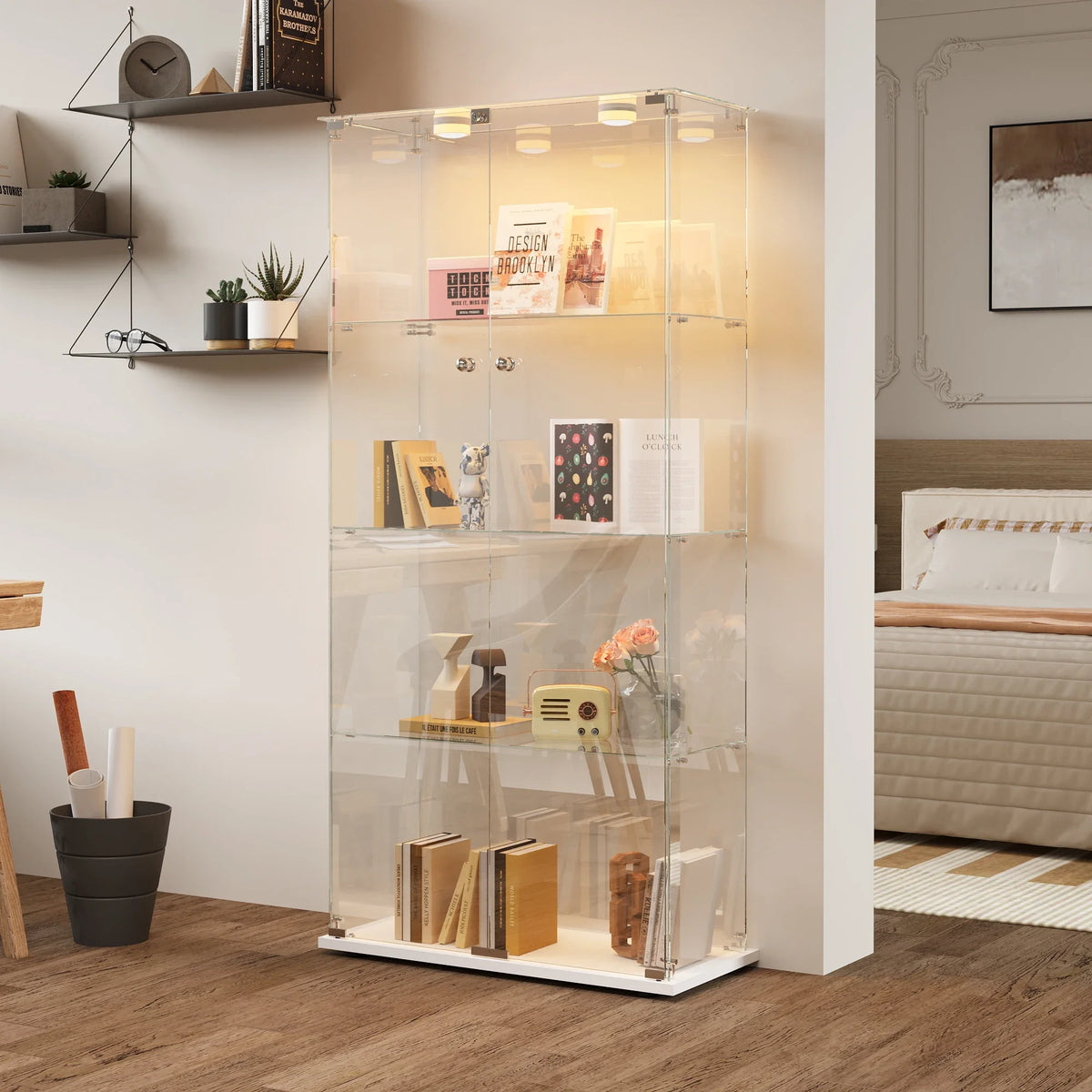 Vitrina de cristal con luces LED, vitrina de exhibición con 4 estantes de cristal y puertas con cerradura, vitrina moderna para coleccionables, libros, figuras, sala de estar, 163 X 80.6 X 36.5 CM