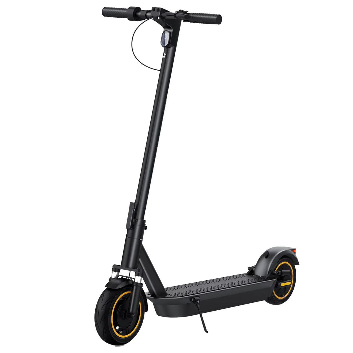 Patinete eléctrico plegable negro de lado con manillar y ruedas amarillas