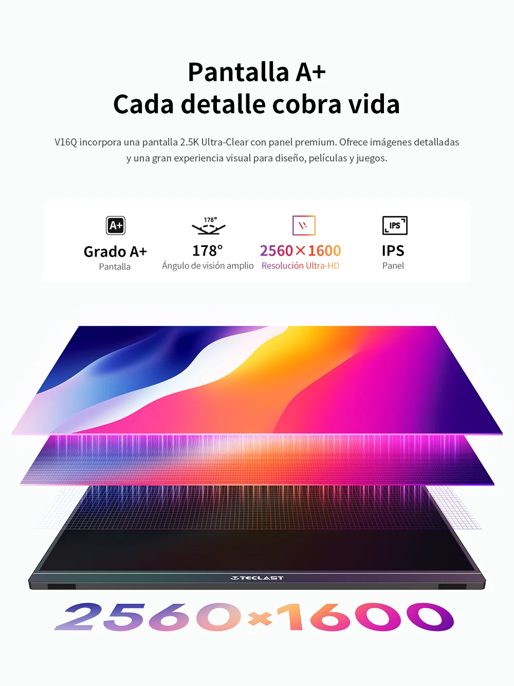 TECLAST V16Q Monitor portátil de 16 pulgadas 2.5K WQXGA 2560x1600 144Hz 16:10 USB-C Mini HDMI 490nits Ultra delgado con altavoces duales Pantalla externa para portátil, Mac, teléfono, trabajo desde casa, montaje