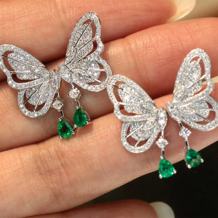 UBESTNICE romántico Real 18K joyería de oro blanco sólido AU750 diamantes naturales Esmeralda mariposa pendientes colgantes para mujer regalo de fiesta