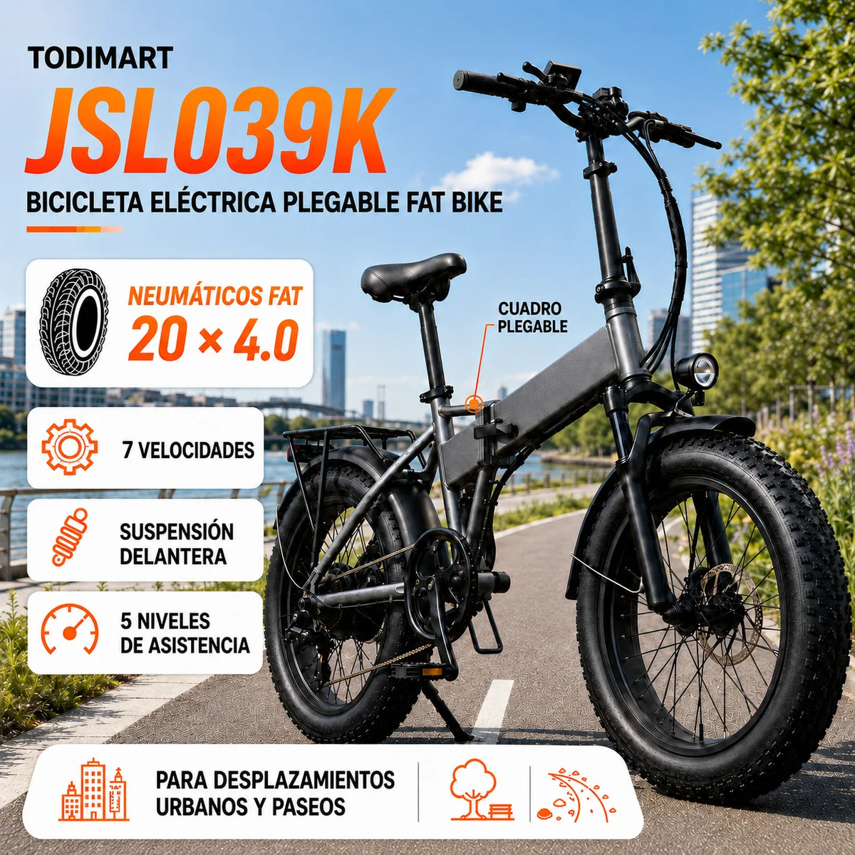 Bicicleta eléctrica plegable TODIMART JSL039K con neumáticos gruesos para adultos, batería de 48V 13Ah, neumáticos de 20x4.0, 7 velocidades, suspensión delantera y frenos de doble disco, bicicleta eléctrica para desplazamiento urbano y todo terreno