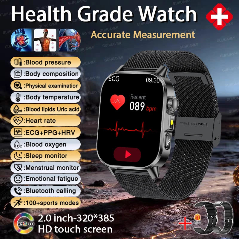 Reloj inteligente de enfermería de alta gama 2026 para hombre, ECG+PPG, presión arterial precisa, lípidos, ácido úrico, pantalla AMOLED de 2.0 pulgadas, reloj de llamadas HD para hombre
