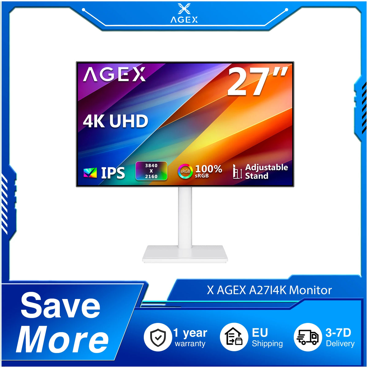 Monitor X AGEX de 27 Pulgadas con Biseles Ultrafinos, 4K 3840 x 2160 UHD, 60 Hz, 16:9 IPS LED, Brillo de 400cd/m², FreeSync y Eye-Care, HDR10, 100% sRGB, Compatible con VESA, Altura Ajustable