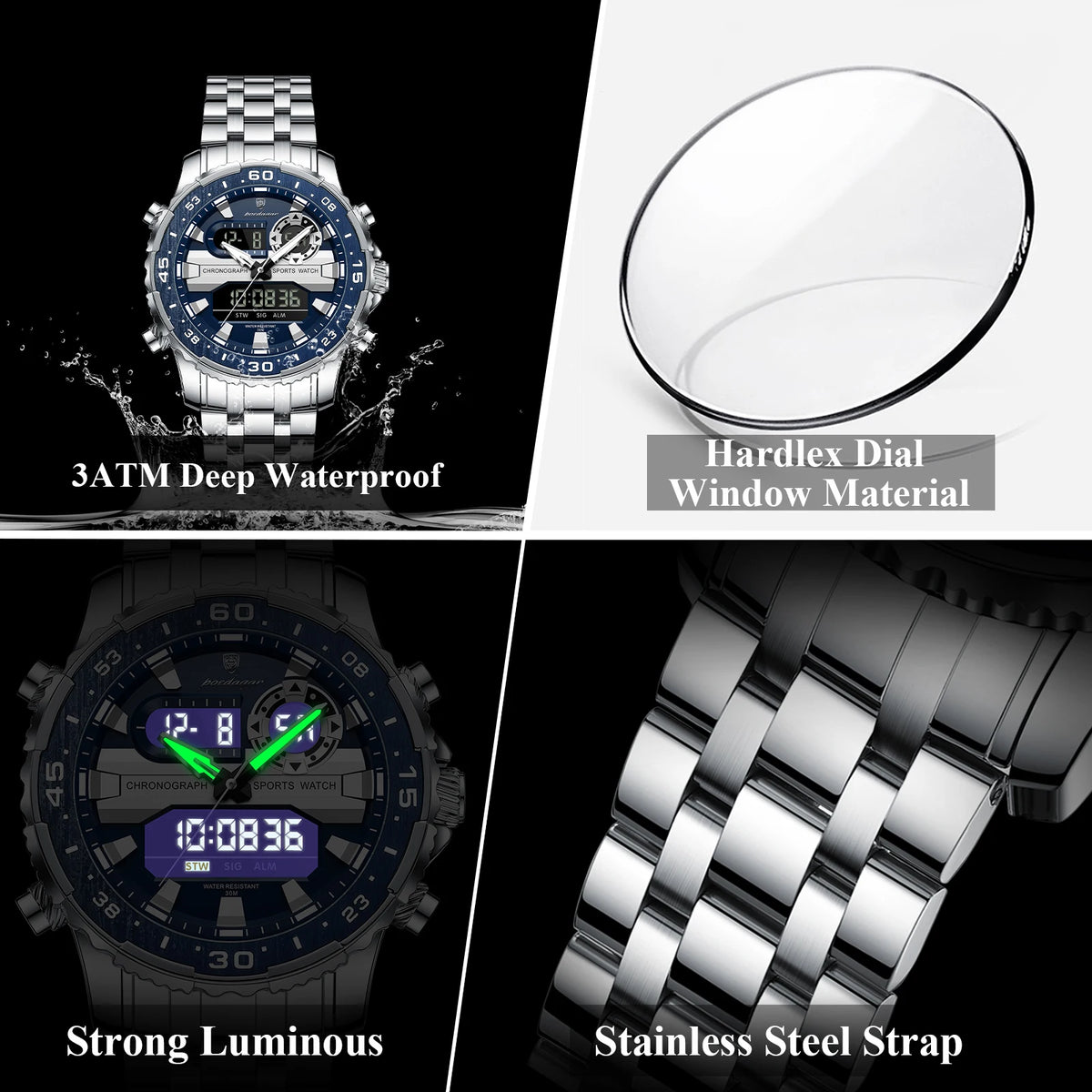 Reloj de lujo para hombre POEDAGAR con LED superior, resistente al agua, electrónico, con doble visualización de hora, digital, de cuarzo y acero inoxidable