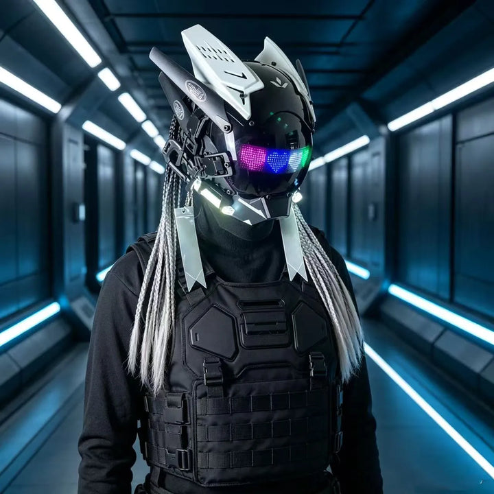 Cyberpunk máscara futurista Techwear, decoración de casco de Cosplay de Halloween con trenza ligera y sucia, Caballero de estilo guerrero japonés Sty