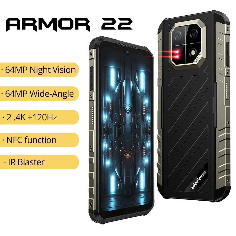 Ulefone Armor 22 Android 14, 16GB (8+8GB RAM), 128GB/256GB ROM, 6.58" 120Hz, 6600mAh 33W, NFC, cámara nocturna de 64MP, versión global