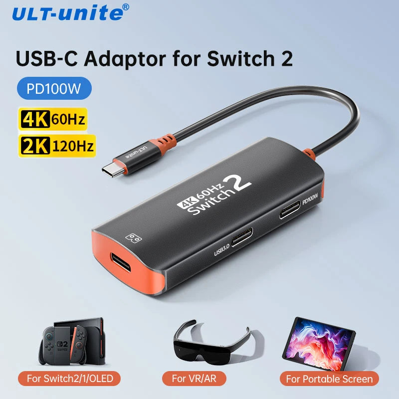 Hub USB-C 4K60Hz para Switch 2/Oled, Adaptador de Gafas AR Tipo C 2K120Hz, Estación de Acoplamiento de 10Gbps y 100W para iPhone 18, Steam Deck y Portátil