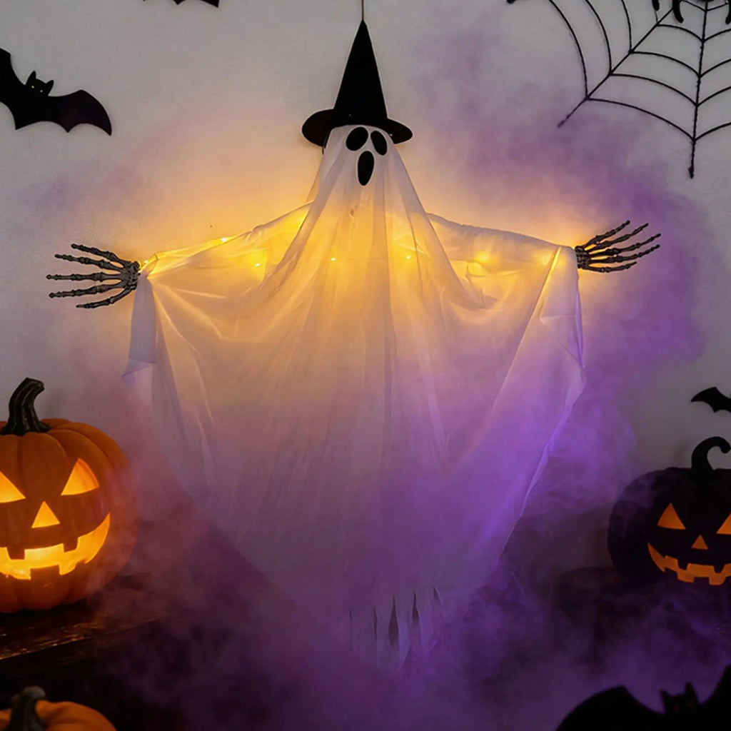 Large LED Glowing Hanging Ghost Decoration Swing Spooky Skull Ornament Reusable Prop for Haunted House Halloween Party Decor