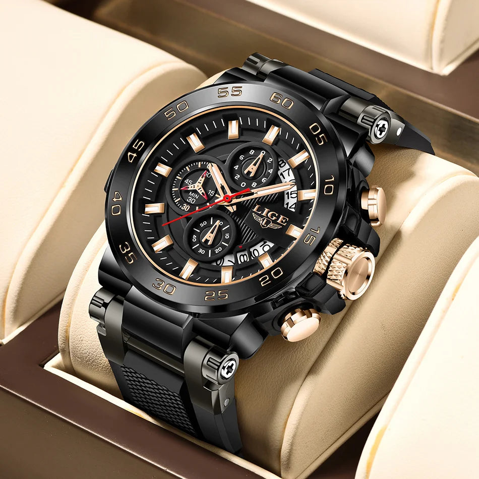 Reloj de lujo LIGE 2026 para hombre, reloj militar de cuarzo con correa de silicona, cronógrafo impermeable con calendario de marca superior