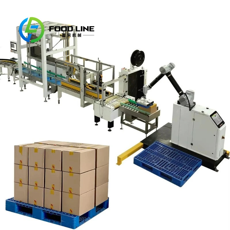 Sistema de paletizado con robot colaborativo y plataforma de carga para cajas
