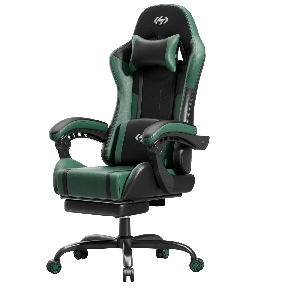 Silla de gaming verde y negra con reposacabezas acolchado y base giratoria