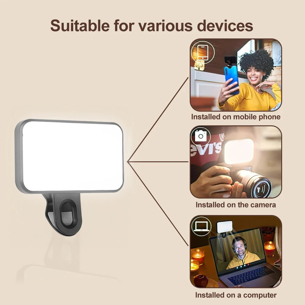 Luz de relleno portátil con clip para selfies para teléfono móvil, luz LED recargable por USB para maquillaje, videollamadas en vivo y fotografía.