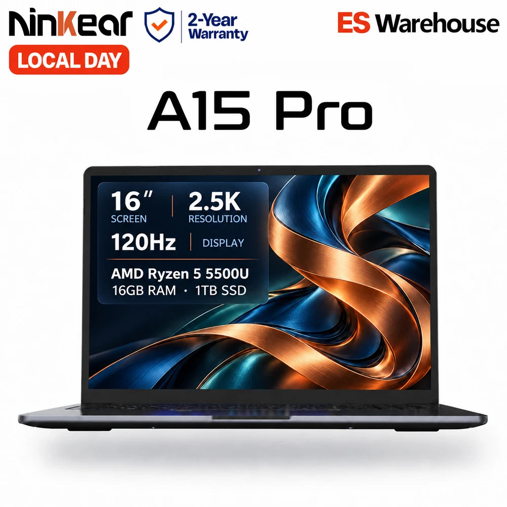 Ninkear A15 Pro Portátil AMD Ryzen 5 5500U 16 Pulgadas Pantalla IPS 2.5K 120Hz 16GB RAM 1TB SSD lector de huella Windows 11 WiFi 6 carga rápida USB-C PD 65W para oficina estudio