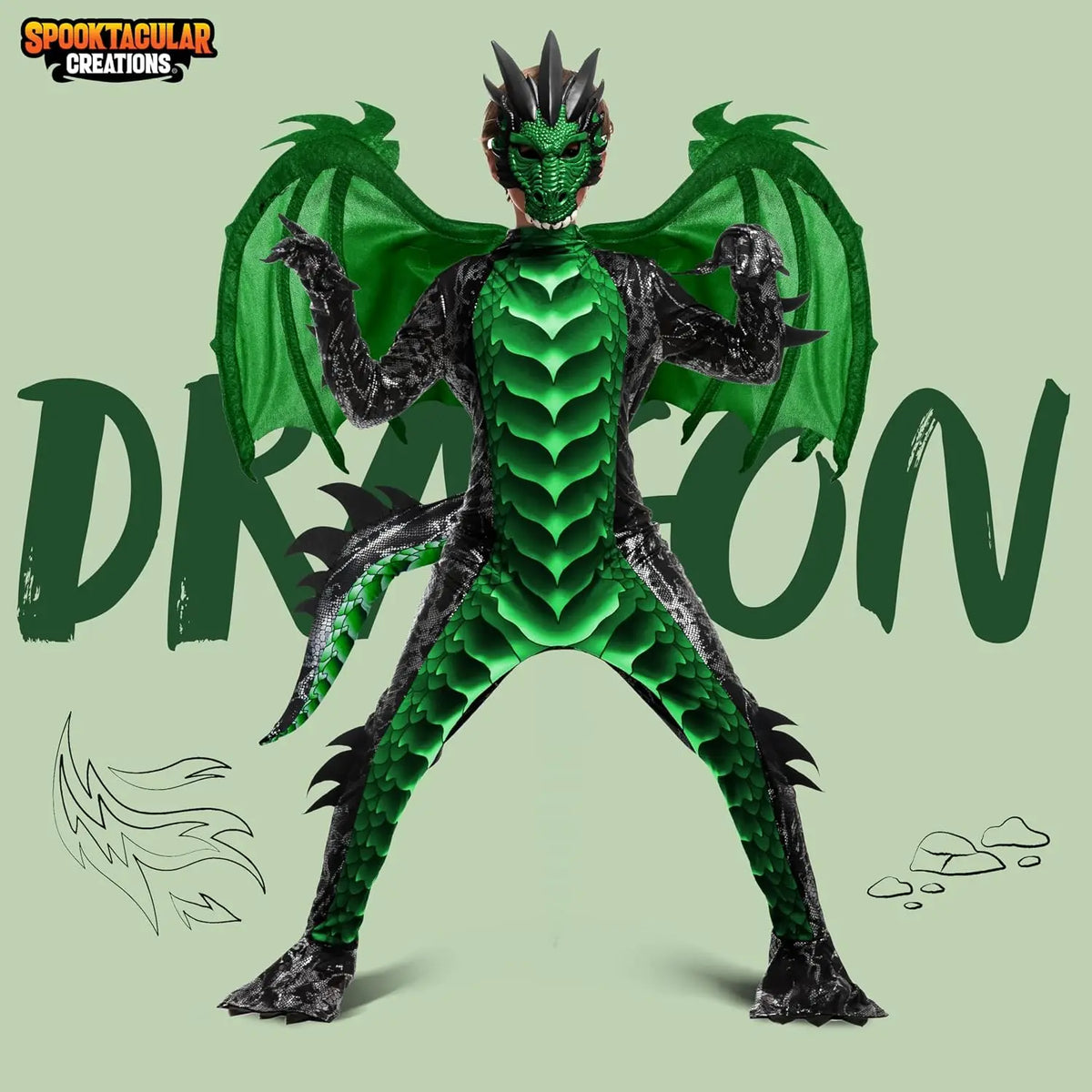 Disfraz de dragón para niños de Halloween de Sloosh Creations, juego de alas de dragón, cola y máscara para Halloween.