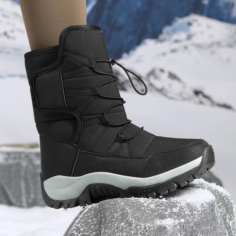 Botines de invierno para mujer, botas de nieve para mantener el calor, botas de senderismo con plataforma sin cordones para exteriores, botas de felpa gruesas para mujer